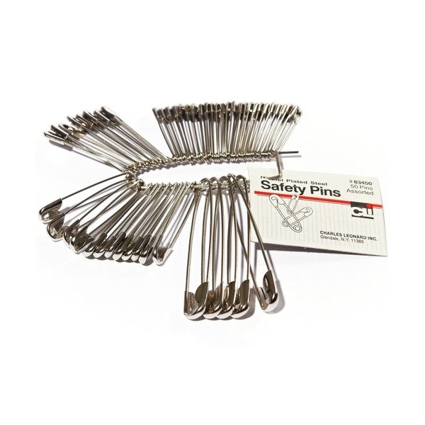 Charles Leonard CharlesLeo 83450, Safety Pins, Nickel-Plated, Steel, Assorted Sizes, 50, 50PK LEO83450 - main
